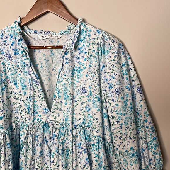 Zara Blue Floral Printed Poplin Babydoll Mini Dress - Picture 10 of 15